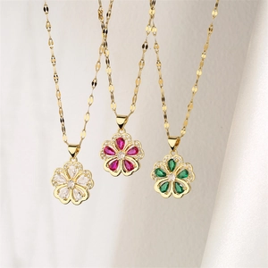 Three-color floral stainless steel pendant necklaces with zirconia in white, red and green