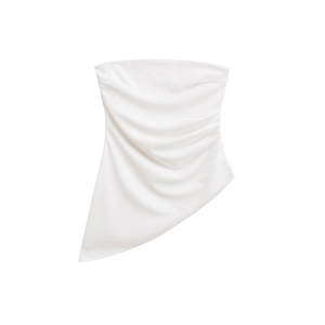White strapless tube top with ruched details and an asymmetrical hem for women