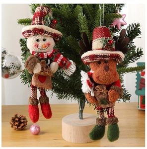 Detailed view of handmade snowman and reindeer hanging ornaments on a Christmas tree