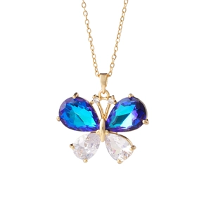 Elegant gold butterfly necklace with blue and white pear-cut zircon stones on white background