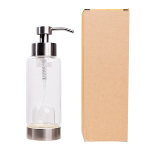 Clear glass soap dispenser with natural crystal chips, silver pump and packaging box