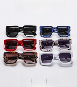Collage of square chunky sunglasses in black, floral, tortoise, and white frames