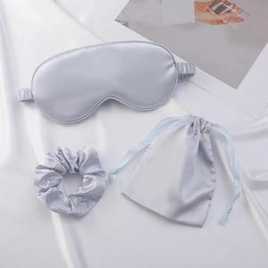 Satin silk sleep set with eye mask, scrunchie and drawstring pouch in light blue silk