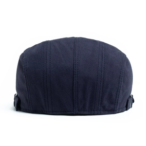 Classic navy herringbone cotton beret with rear structural stitching and metal side buckles
