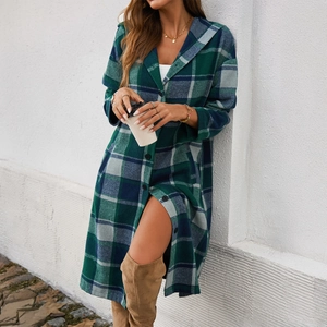 Women's green plaid hooded jacket with button closure and relaxed fit for autumn