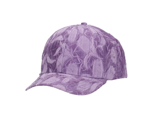 Detailed close-up of lavender baseball cap showing textured fabric and curved brim