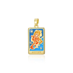 Pendente Gemelli placcato oro 18k con smalto blu e piccole gemme preziose incastonate