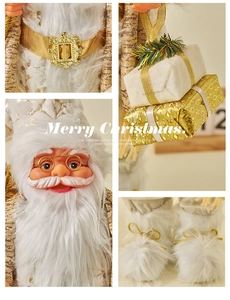Detailansichten der goldenen Weihnachtsmann-Figur mit Gesicht, Gürtel und Geschenken
