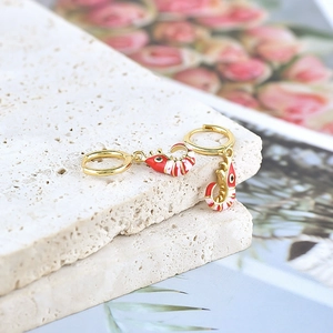 Chic S925 silver needle lobster drop earrings with red enamel finish and gold accents