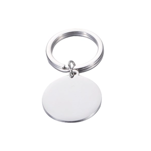 Detailed view of a silver mirror-polished stainless steel round tag keychain on white background