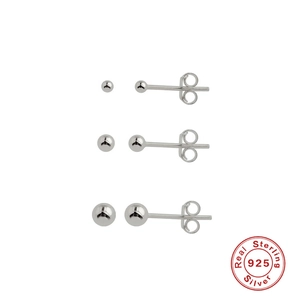 Three pairs of minimalist 925 sterling silver ball stud earrings in varied sizes