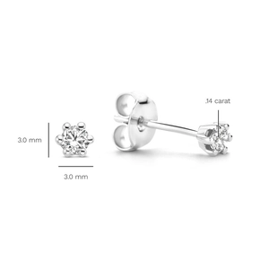 Detailed view of 3.0mm square silver stud earrings showing 0.14 carat diamond setting