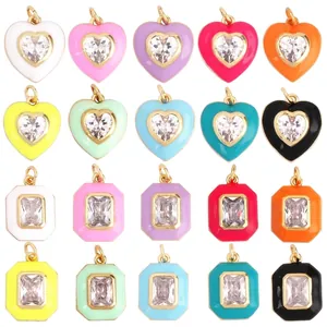 Set of 20 colorful enamel heart and geometric pendants with gold frames and cubic zirconia