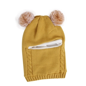 Ginger yellow knitted baby hat with two pom poms and warm white fleece lining