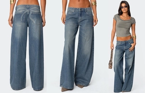 Vue détaillée du jean large imprimé délavé vintage avec détails des poches arrière