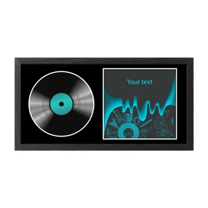 Black vinyl record display frame with cyan abstract art and musical instrument outlines