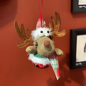 British style Christmas reindeer bell ornament featuring brown plush and plaid scarf details