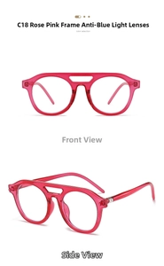Detail view of pink C18 anti-blue light glasses with silver hinges and side arm profile