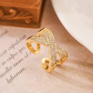 Gold-plated crisscross open ring with shimmering zircon micro-pave for women