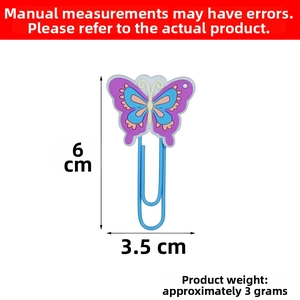 Detailed view of 6cm purple butterfly PVC bookmark with blue metal paperclip dimensions