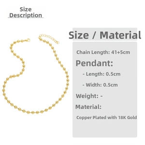 Detail showing 18K gold-plated copper bead necklace chain dimensions of 41+5 cm length