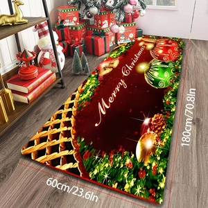 Detailed view of large Christmas runner rug in red flannel with gold ornaments on wood floor