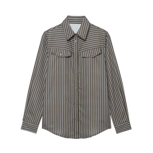 Women Striped Long Sleeve Button Down Shirt Polyester Poplin Casual Blouse With Double Pockets Turn Down Collar