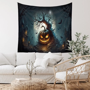 Detail of Halloween tapestry showing eerie forest with Jack O' Lantern and full moon design