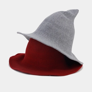 Foldable knitted pointed witch hats for Halloween in grey and red colors