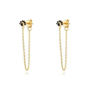 Close-up of gold S925 earrings with black gemstone insets and long chain details