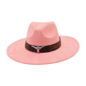 Pink flat-top felt sun hat featuring a western bull head metal buckle on black band