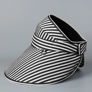 Détail de chapeau pare-soleil à large bord avec rayures noires et blanches et finitions