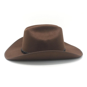 Close-up of brown wool felt cowboy hat with black braided band and curved brim detail