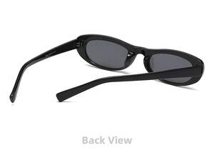 Detailed back view of black oval sunglasses featuring sturdy hinges and sleek temples