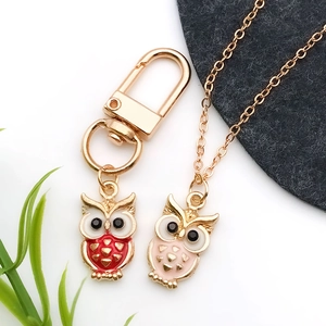 Pink and red owl charms on gold chains with enamel finish for jewelry making