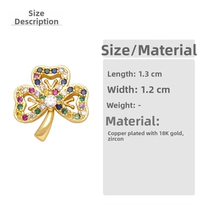 Size details and clover earring dimensions of 1.3cm x 1.2cm in 18K gold-plated copper