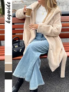 Manteau Femme Long En Fausse Fourrure À Capuche Élégant Chaud Avec Ceinture Couleur Unie