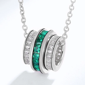 Elegant S925 silver cylinder pendant necklace with green emerald and white crystals
