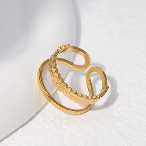 Minimalist golden stainless steel open ring with detailed leaf texture and double band