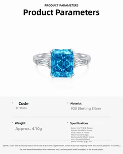 Detail view of S925 silver ring featuring 4.0ct radiant blue zircon with size chart