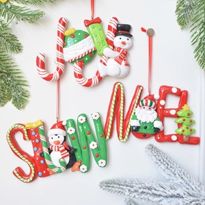 Christmas JOY and SNOWMAN hanging ornaments with Santa and penguin holiday motifs