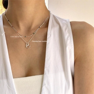 Minimalist double layer S925 silver necklace with heart pendant and mixed color beads