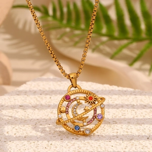 18K gold plated stainless steel necklace with colorful galaxy compass pendant on stone