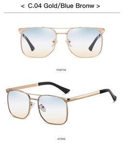 Detail view of square gold metal sunglasses with blue-brown gradient lenses and black tips