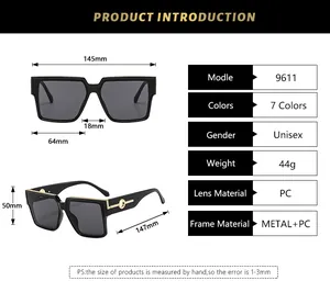 Detailed size chart for square sunglasses showing lens dimensions and frame measurements