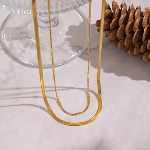 Double layered gold plated stainless steel snake chain and twist link necklace set