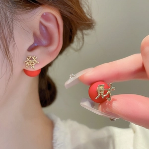Chinese New Year asymmetric red earrings with golden Fa and Cai character charms