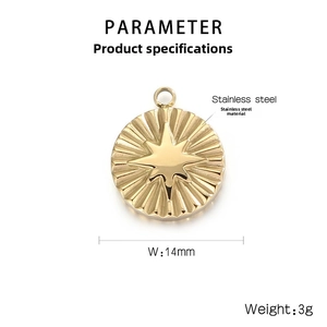 Detail view of 14mm stainless steel circular pendant with star relief and sunburst texture