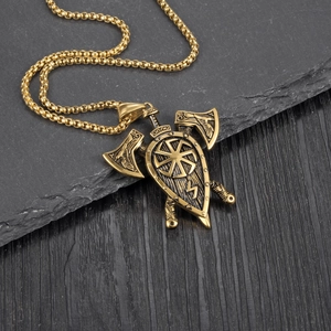 Vintage Viking double axe and shield pendant necklace in gold finish on black rock