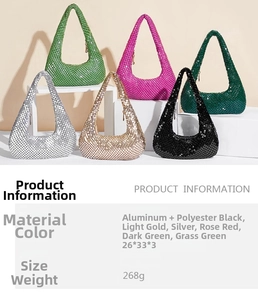 Glittering aluminum mesh handbags shown in multiple metallic colors on display stand